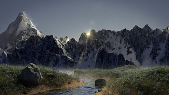 Majestic Snowy Mountain Landscape with Stream and Wildflowers