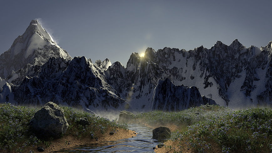 Majestic Snowy Mountain Landscape with Stream and Wildflowers