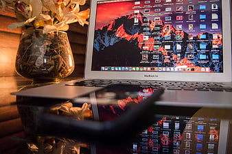 MacBook Air on reflective desk with flowers