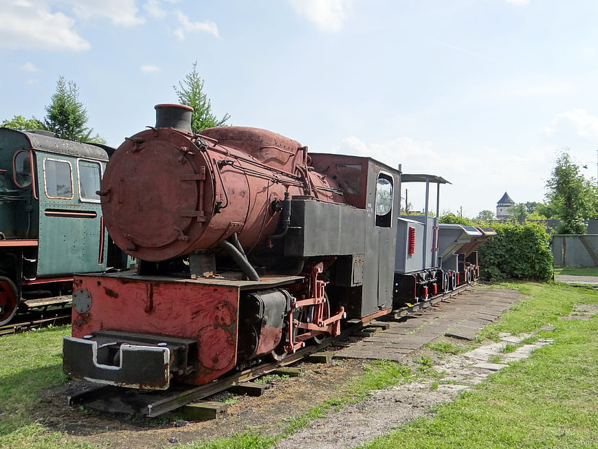 Rusty red vintage steam locomotive on narrow-gauge tracks