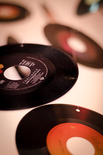Vintage vinyl records hanging as retro music decoration