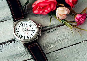 Silver Chronograph Watch with Black Strap and Pink Roses