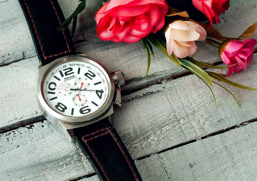 Silver Chronograph Watch with Black Strap and Pink Roses