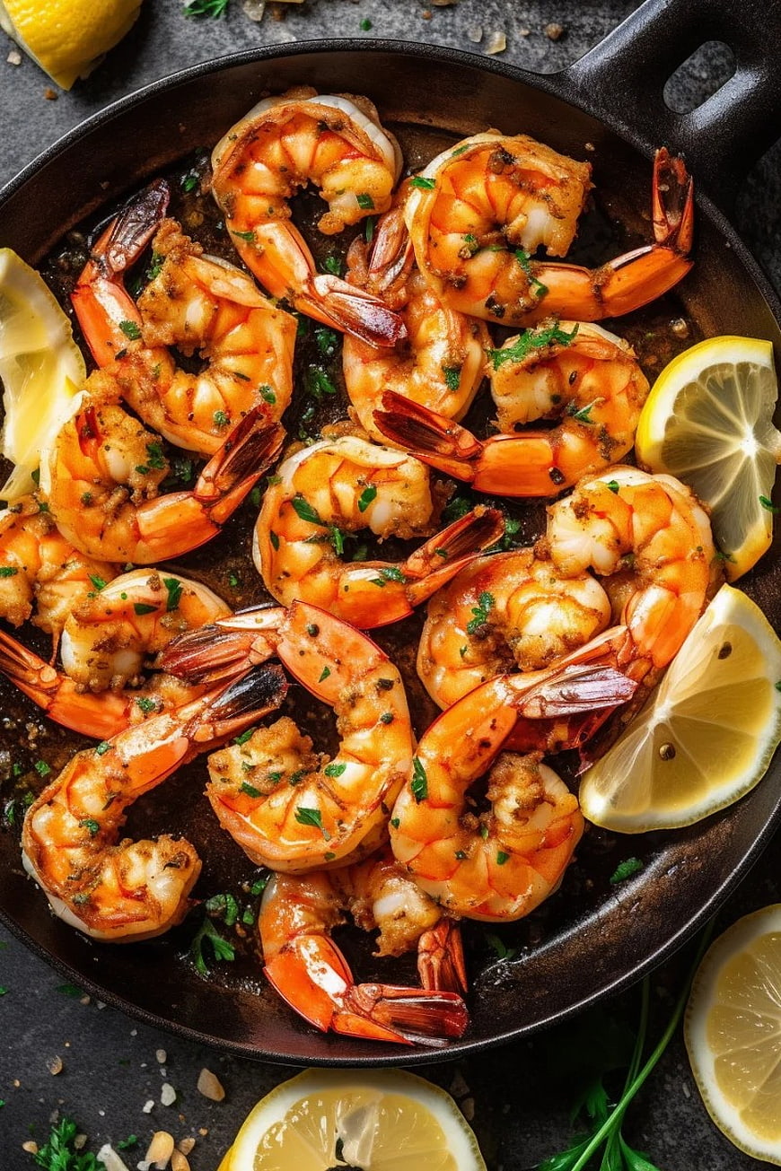 Sizzling Garlic Butter Shrimp in Cast Iron Skillet with Lemon