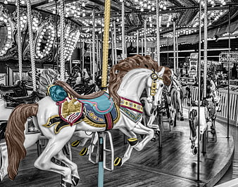 Colorized Carousel Horse in Black and White Amusement Park