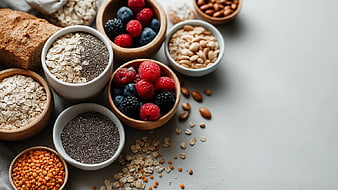Healthy Breakfast Ingredients with Berries, Oats, and Nuts