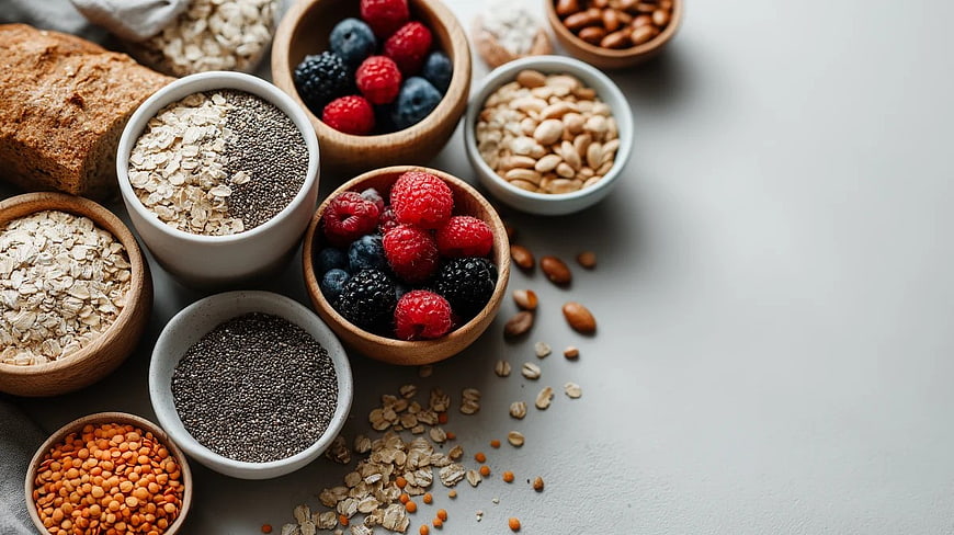 Healthy Breakfast Ingredients with Berries, Oats, and Nuts