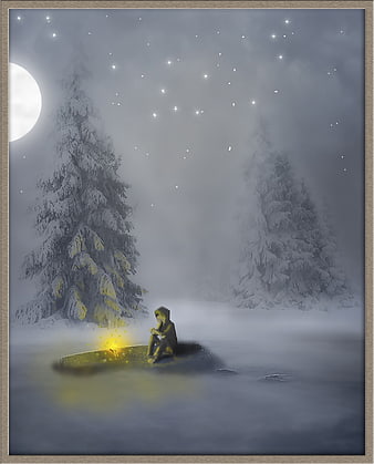Lonely Boy Sitting By Fire In Snowy Night Forest