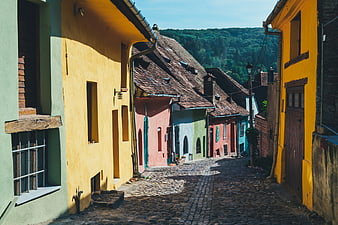 Colorful cobblestone street in a historic European village