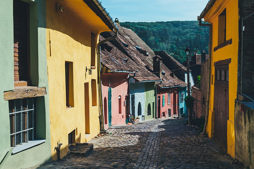 Colorful cobblestone street in a historic European village