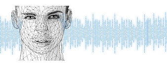 Digital wireframe face with binary code data stream