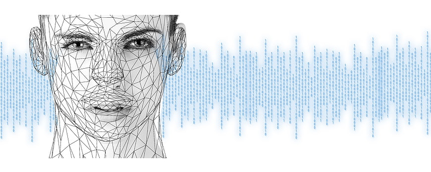 Digital wireframe face with binary code data stream