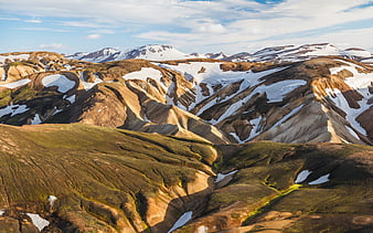 Aerial View of Snow-Capped Mountains with Green Hills