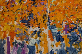Abstract Orange and Blue Oil Painting Diptych