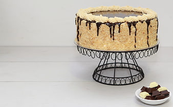 Chocolate Drip Cake With Coconut Crumbs On Black Wire Stand