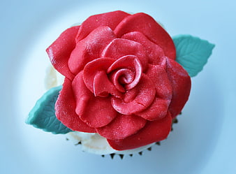 Red Sugar Rose Cupcake Topper On White Plate