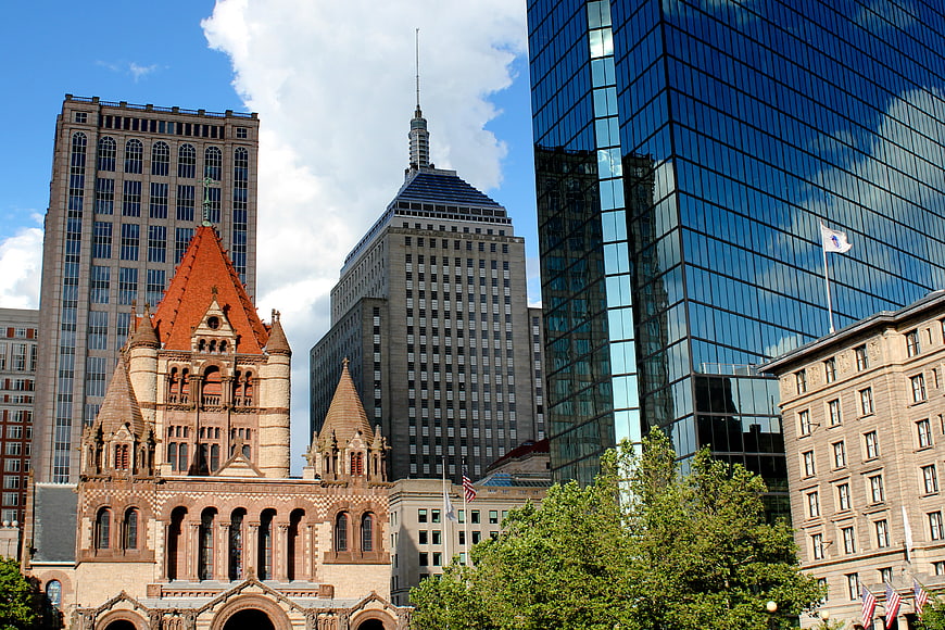 Boston skyline with Trinity Church and modern skyscrapers