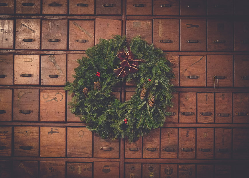 Vintage Christmas Wreath on Wooden Drawer Wall