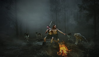 Two shirtless warriors defending campfire from wolves in dark forest