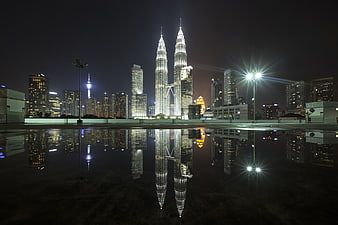 Petronas Twin Towers Kuala Lumpur Night Reflection