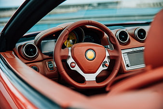 Luxury Sports Car Interior with Brown Leather Steering Wheel