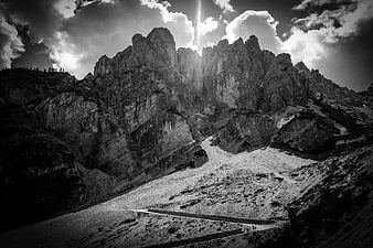 Dramatic Black and White Mountain Landscape with Sun Rays