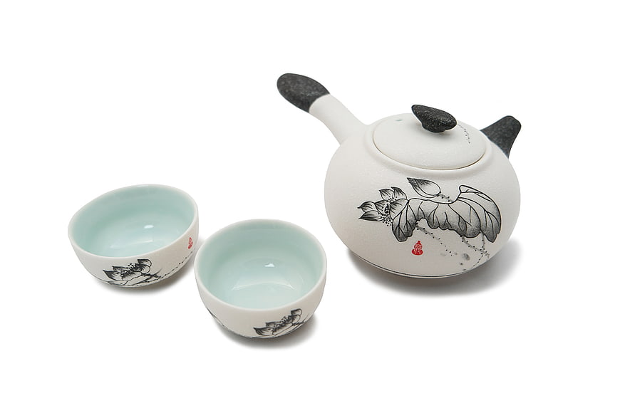 White Porcelain Chinese Tea Set With Lotus Design