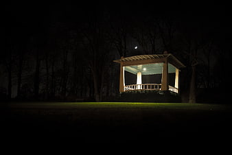 Illuminated Park Gazebo at Night with Crescent Moon