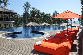 Luxury Resort Pool with Orange Loungers and Palm Trees