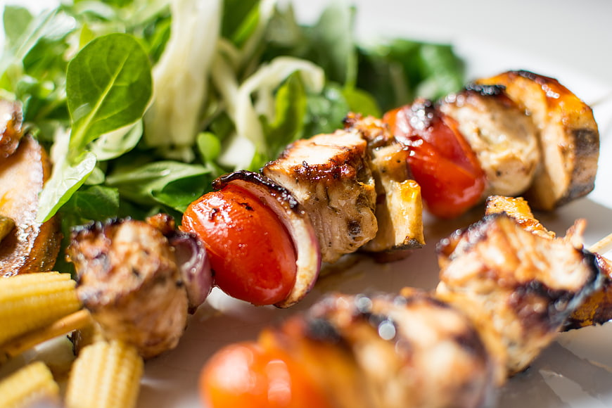 Grilled Chicken Skewers with Salad and Baby Corn