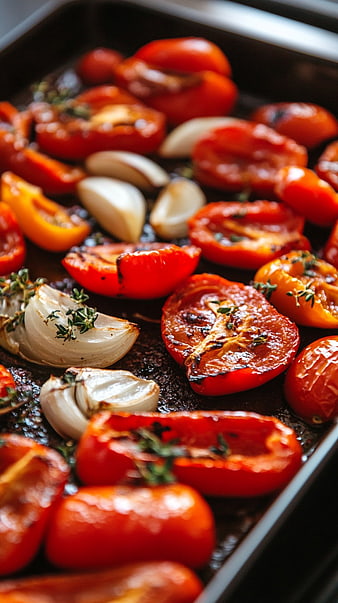 Roasted Tomatoes and Garlic with Herbs on Baking Sheet