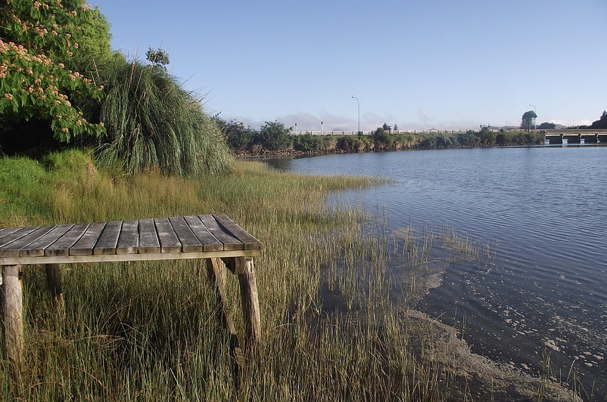 Wooden Jetty on Grassy Riverbank with Blue Sky