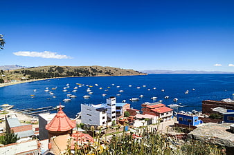 Panoramic View of Lake Titicaca with Boats and Copacabana Town