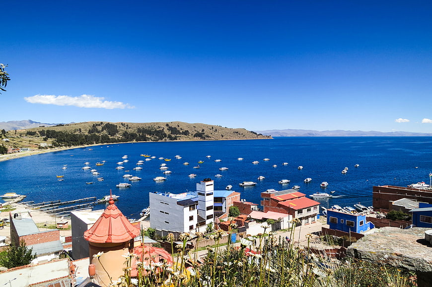 Panoramic View of Lake Titicaca with Boats and Copacabana Town