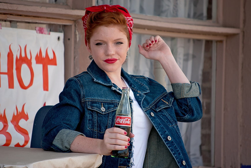 Retro Redhead Woman with Coca-Cola and Bandana