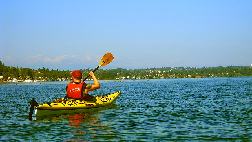 Man Kayaking on Lake with Scenic Shoreline