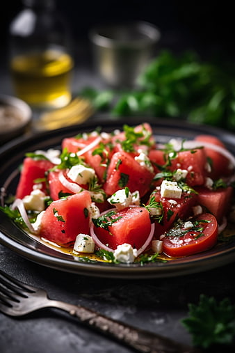 Fresh Watermelon Feta Salad with Red Onion and Herbs