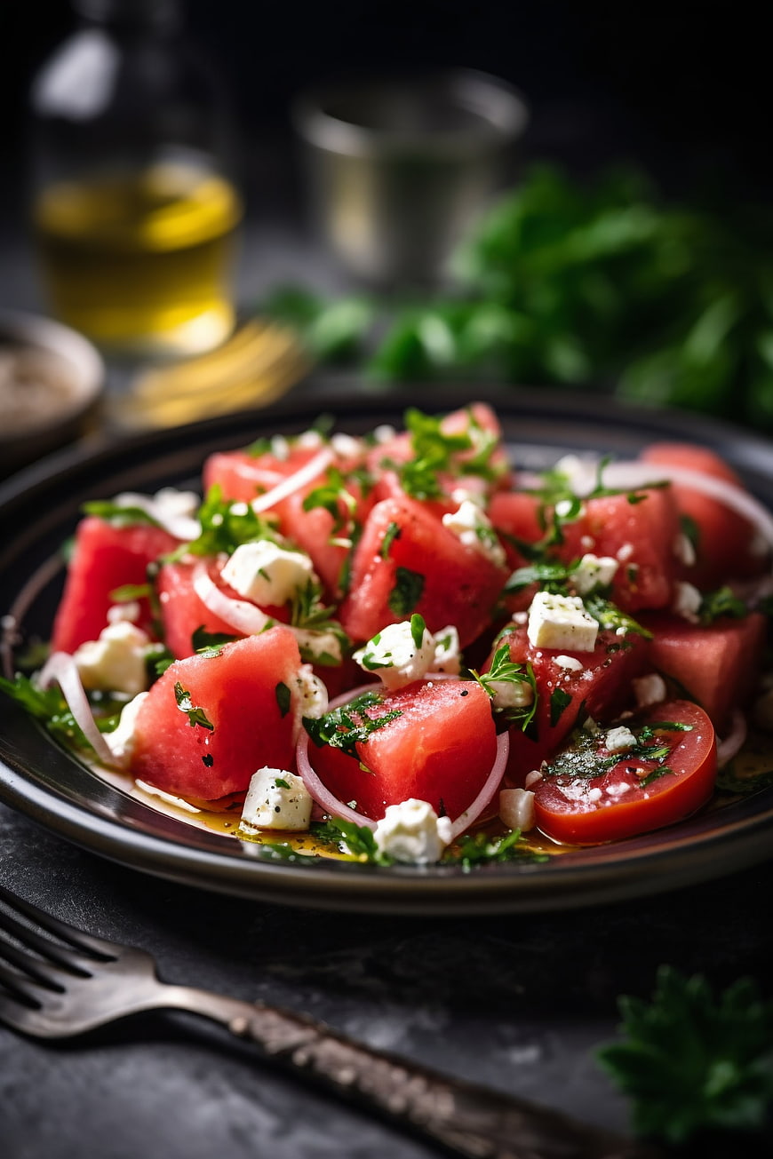 Fresh Watermelon Feta Salad with Red Onion and Herbs