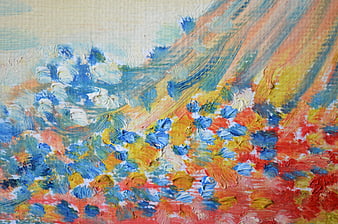 Close-up of colorful impasto oil painting texture with thick brushstrokes