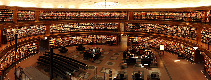 Panoramic view of multi-level circular library interior
