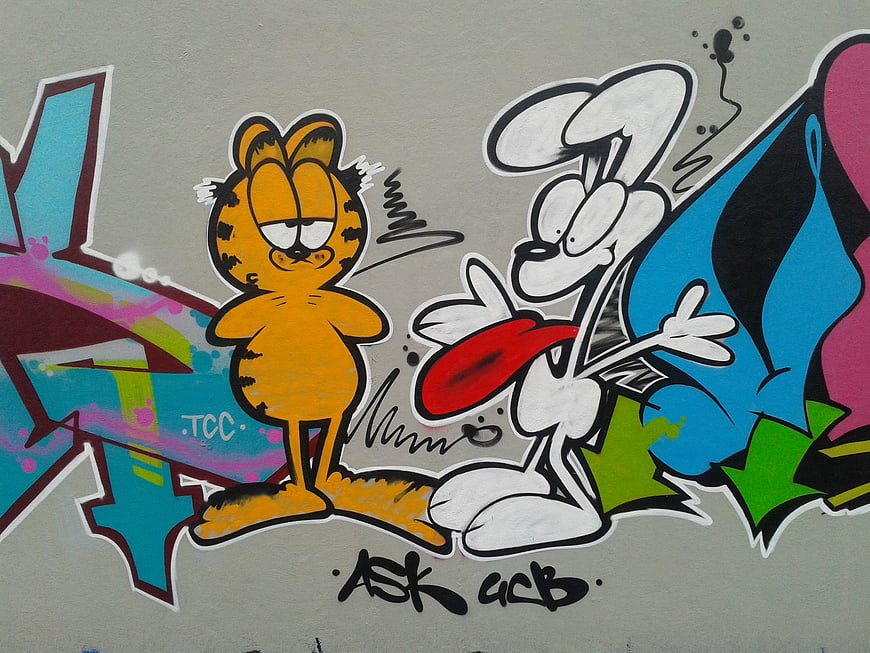 Garfield and Odie Street Art Mural on Gray Wall