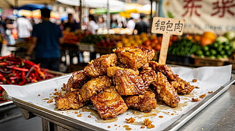 Crispy Sweet and Sour Pork Street Food at Asian Market