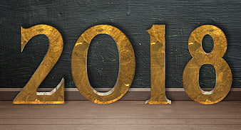 Golden 2018 Numbers on Dark Wood Background