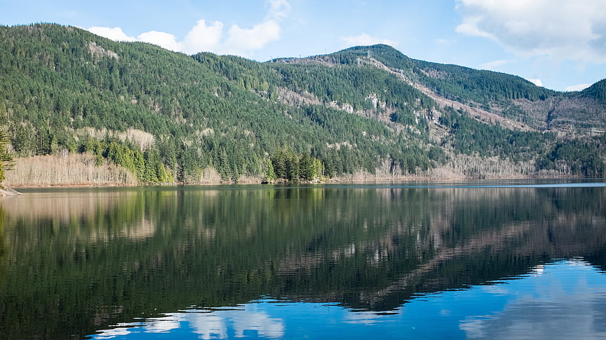 Serene Lake Reflection with Forested Mountain Landscape