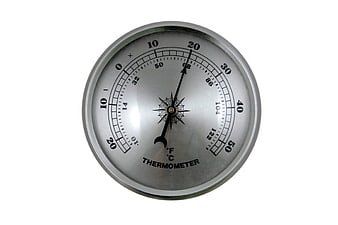 Close-up of a round analog thermometer on white background