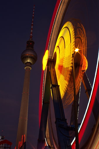 Berlin TV Tower and Ferris Wheel Light Trails at Night