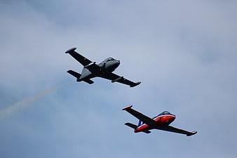 Two Aerobatic Jets Flying in Formation Against Blue Sky