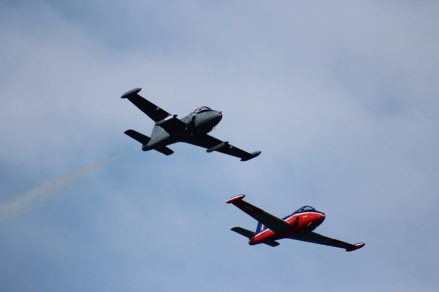 Two Aerobatic Jets Flying in Formation Against Blue Sky