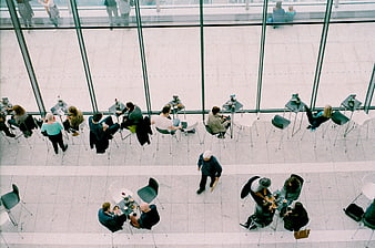 High angle view of people dining in modern glass atrium