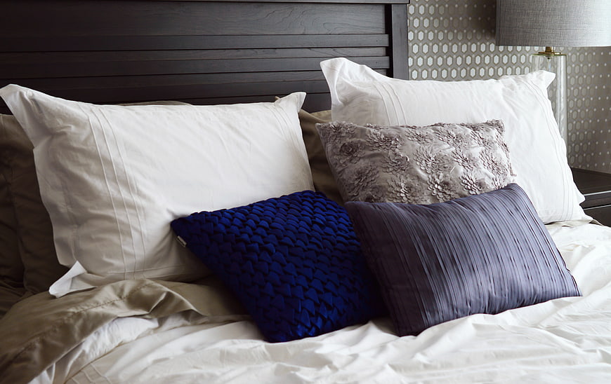 Stylish Bedroom Bedding With Blue And Gray Decorative Pillows